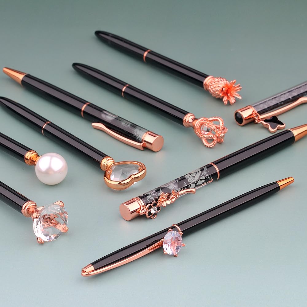 Opzyvik 9 Pcs Fancy Pens for Women Crystal Diamond Pen for Journaling Pretty Glitter Ballpoint Inspirational Gifts for Women Girls College Students Cute Back to School Gift (Black)