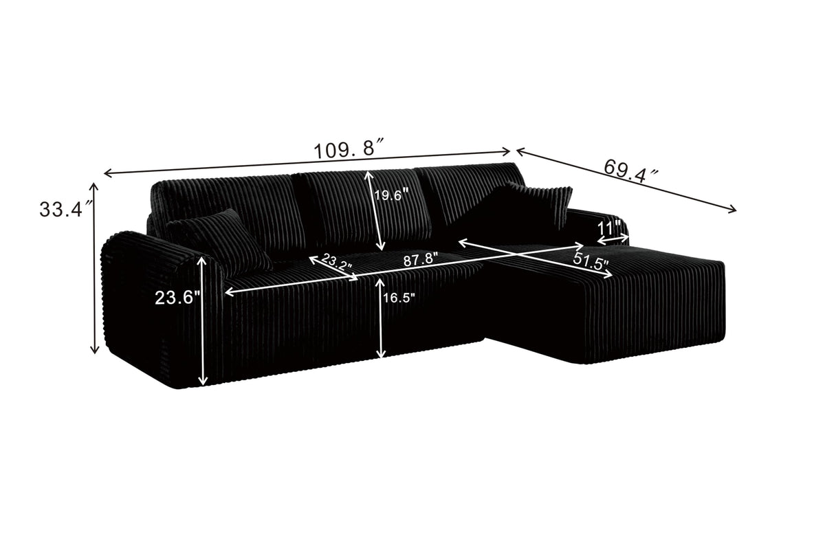 109-Inch L-Shaped Right Facing Boneless Corner Sofa 2 PCS Modular Sectional Cloud Sofa Couch with Chaise Lounge and Toss Pillow, Corduroy Boneless L-Shaped Couches