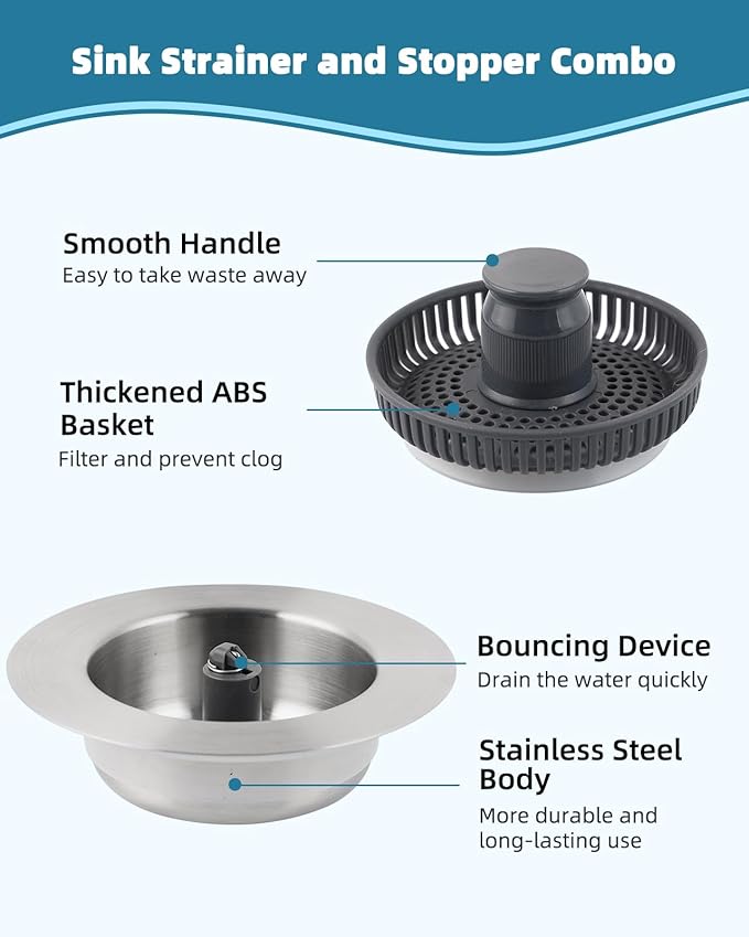 Hygie Rinse Universal Kitchen Sink Stopper Strainer 2PCS 3-in-1#304 Stainless
