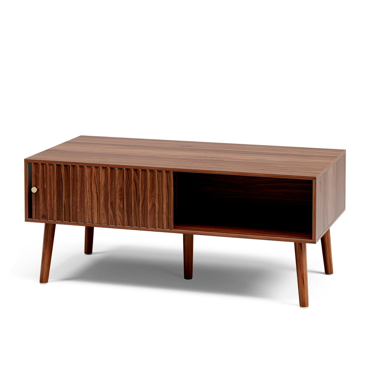 LCRBOL Coffee Table with Fluted Sliding Door, Mid-Century, Walnut