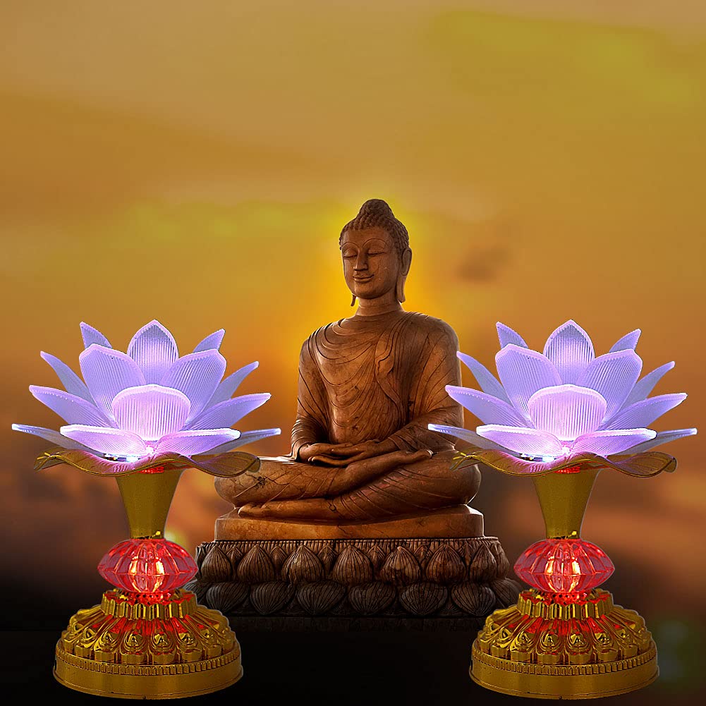 LACGO Pack of 2 LED Lotus Buddhist Lights Color-Changing Gradient Buddha Lotus Lamps Plug in or Battery-Operated Buddhist Lamp Worship Prayer Faith Supply Things (3.3''W/5.5''H, White)