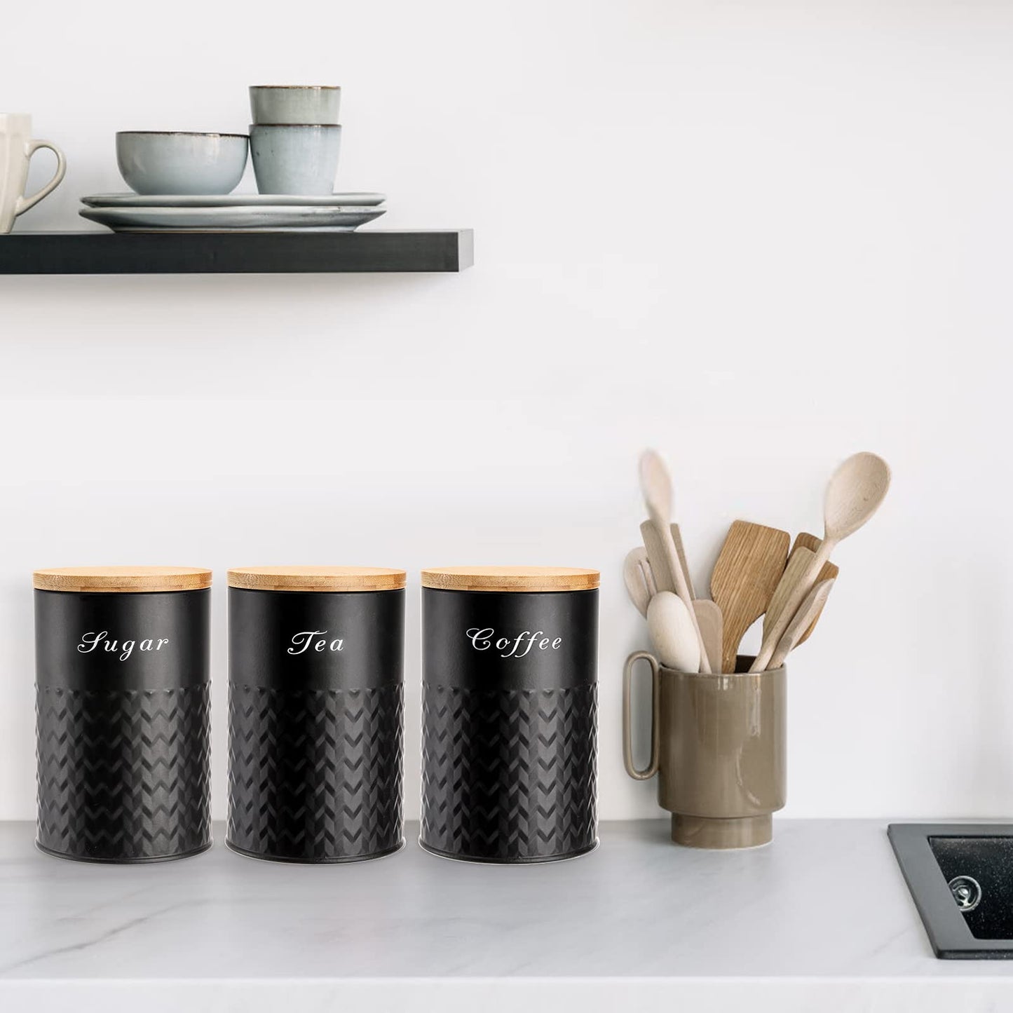 Bekith 3 Pack Kitchen Canisters with Bamboo Lids, Airtight Metal Canister Set, Food Storage Containers Jars for Coffee, Sugar, Tea, Flour, Rustic Kitchen Decor Containers, Black