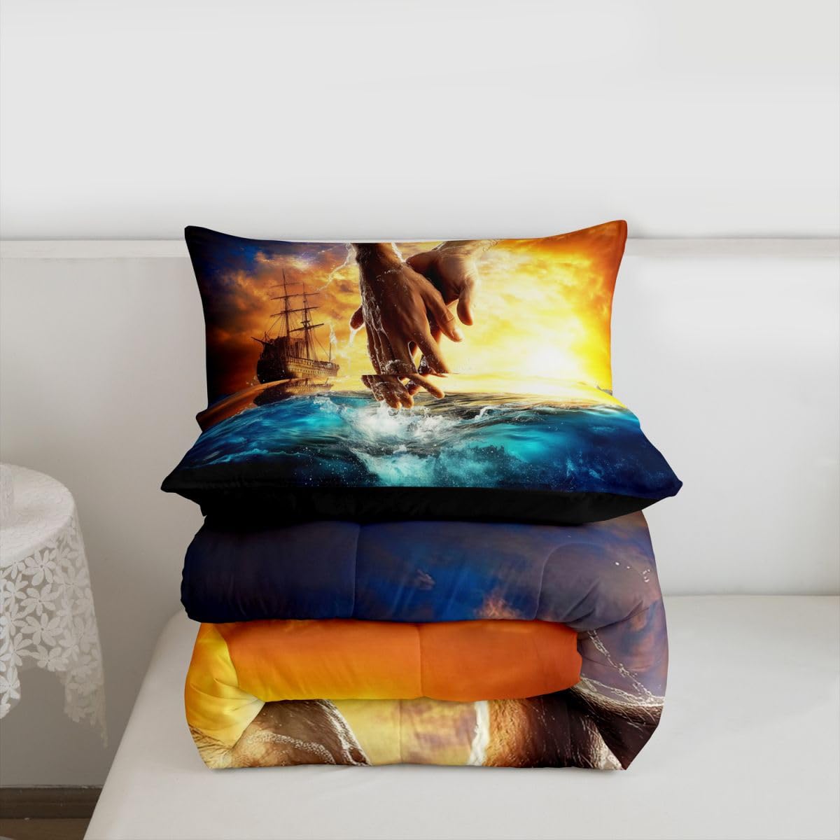 Manfei The Hand of God Girls Bedding Set Twin Size,God Reaching Into Water Comforter Set,Western Blue Ocean Bible Quilt Comforter Girls Boys Teens,Blue Orange Room Decor All Season,1 Pillowcase