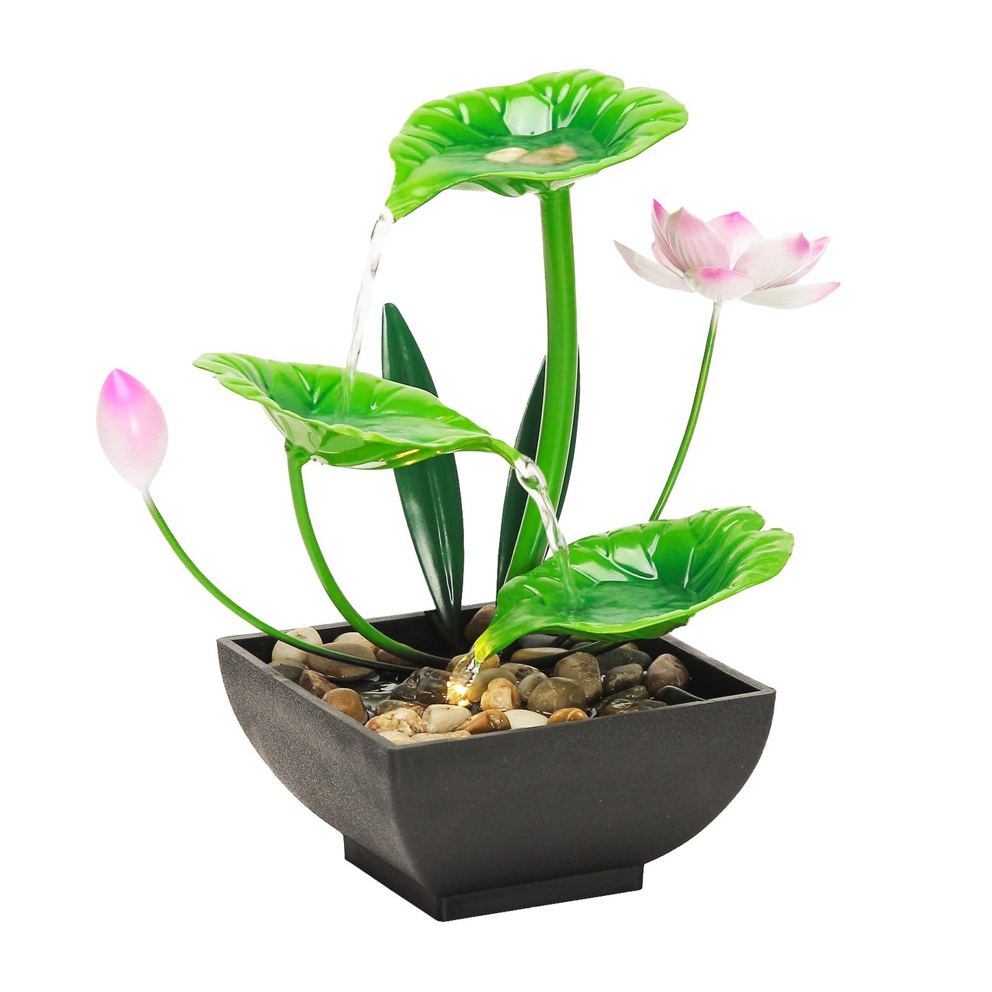 YOQUATE Water Fountain Indoor Waterfall Fountain 3-Tier Tabletop Fountain Lotus Desk Relaxation Home Decor Including Lots of Rocks and Soothing Sound Machine (Green 1)