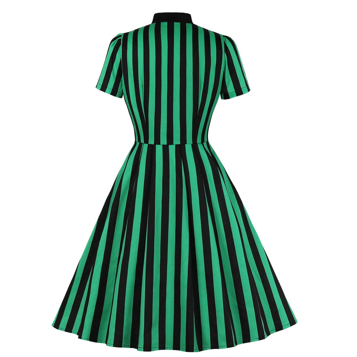 Wellwits Women's Tie Neck Halloween Gothic Black and Green Stripe Vintage Dress L