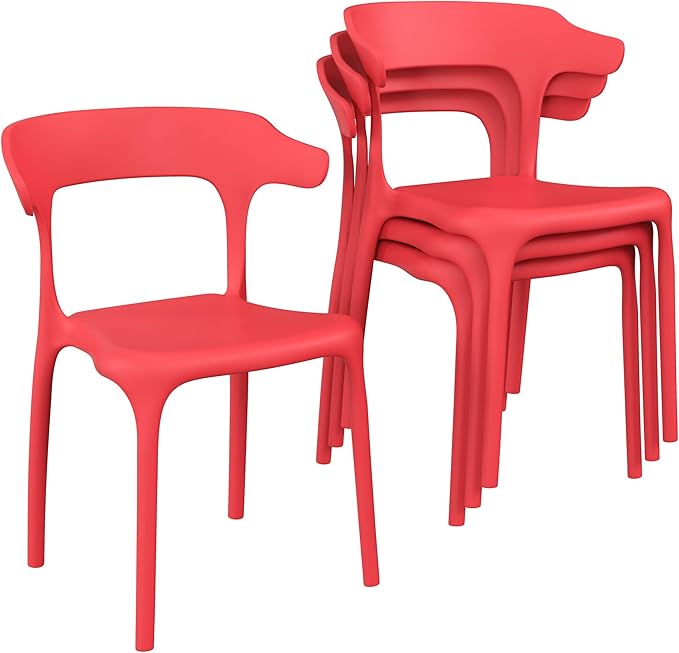 VECELO 4 Pack Plastic Stacking Chairs, Stackable Dining Chairs for Kitchen Restaurant Patio, Portable Indoor Outdoor Use, No Assembly Required, Red
