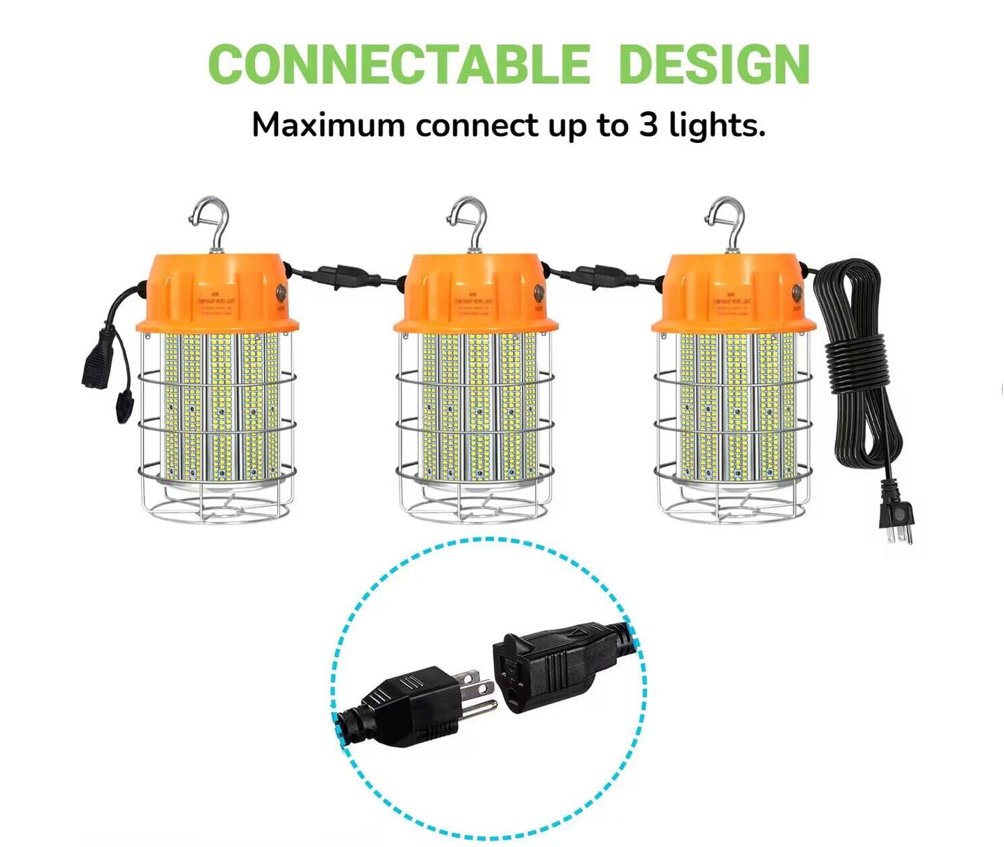 300W LED Temporary Work Light 42,000LM Construction Light Job Site Lighting,5000K,Linkable with ON/Off Button & Hook Portable Work Hanging