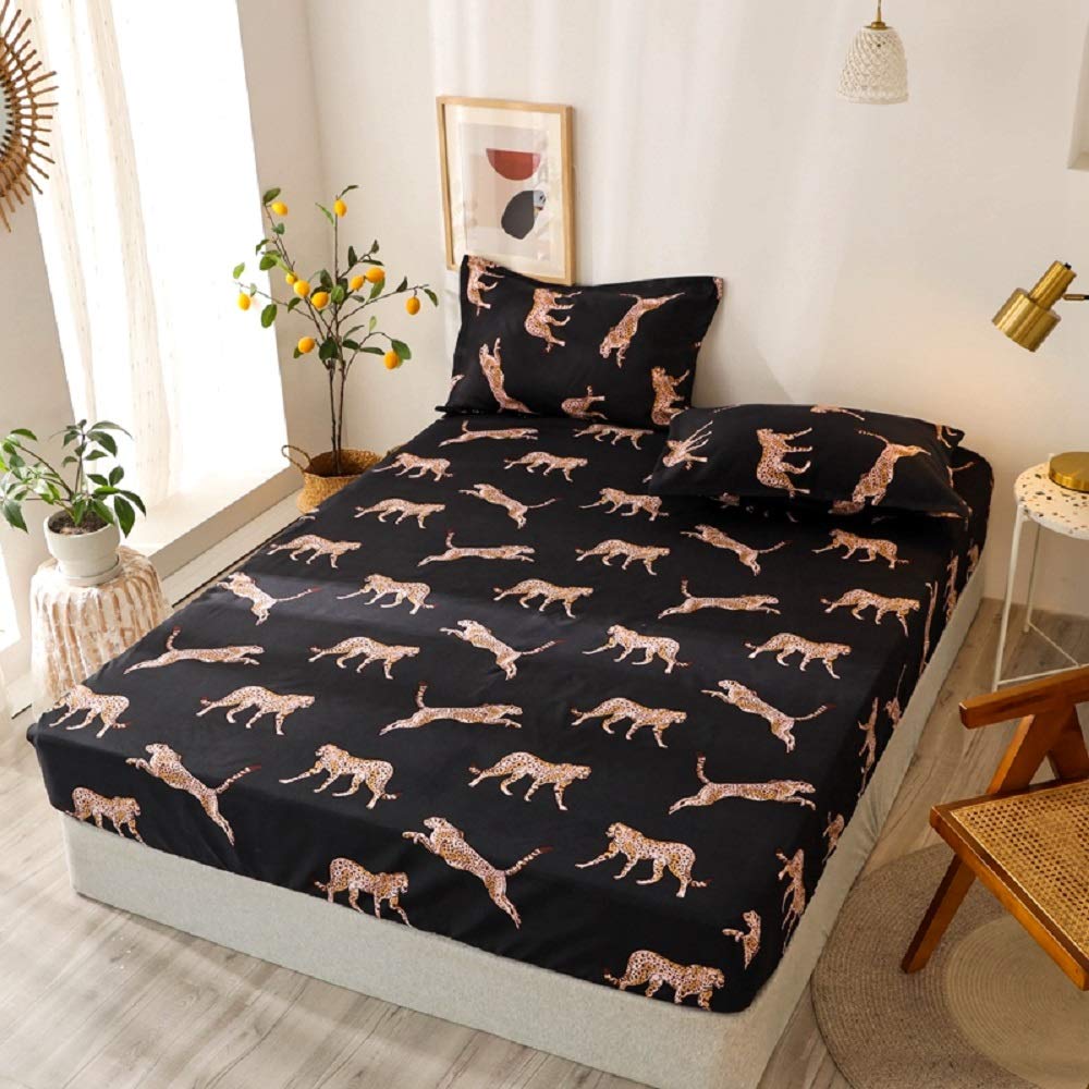 NATURETY Bedding Fitted Sheet with Deep Pocket Mattress Cover Sheets,Leo Animals Printed Fabric Bed Sheets (Black Gold, Queen)