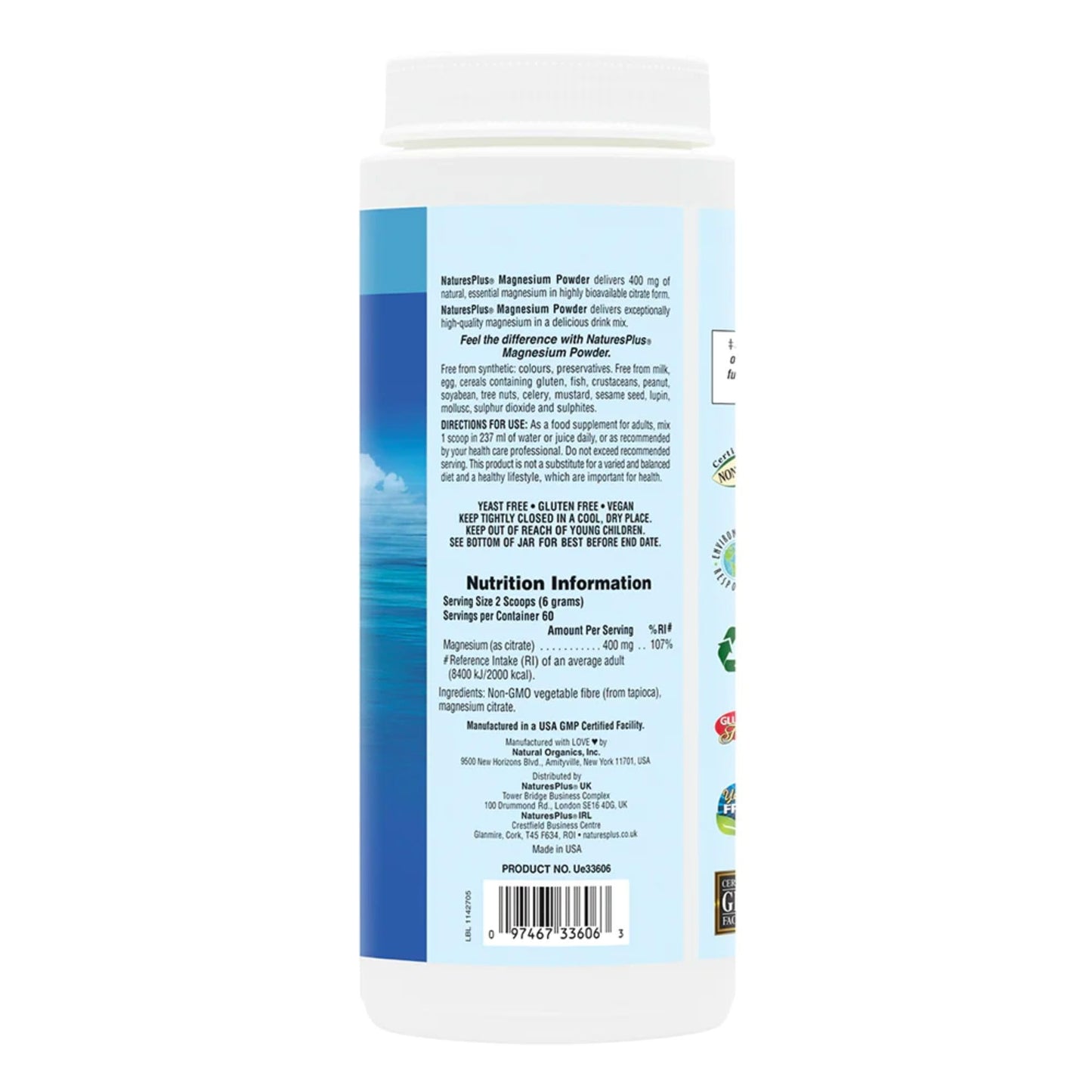 NaturesPlus Magnesium Powder Unflavoured - Gentle Magnesium Citrate Supplement for Night and Day - Energy and Stress Relief - Vegan, Gluten Free - 60 Servings