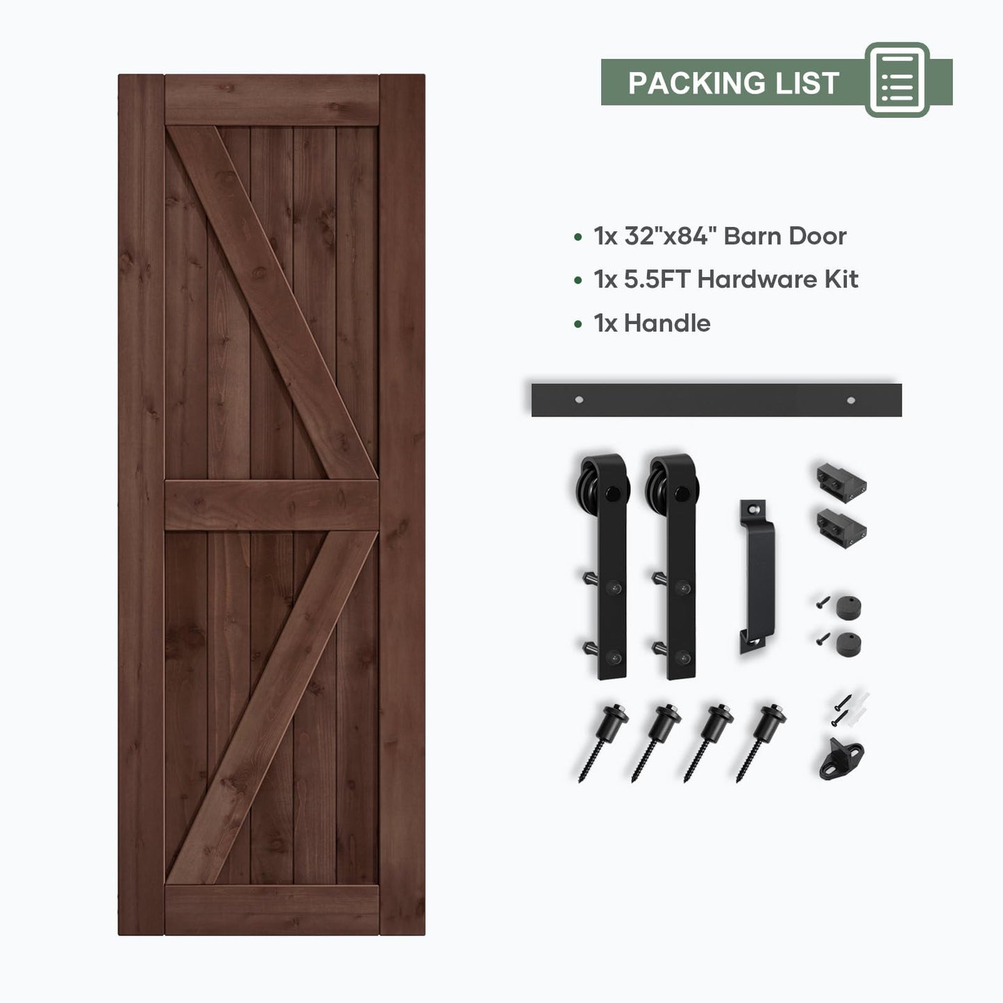 ROYMELO 32x84 inch Sliding Barn Wood Door Slab with 5.5ft Hardware Kit and Handle, Coffee, K Shape, Simple DIY Assembly