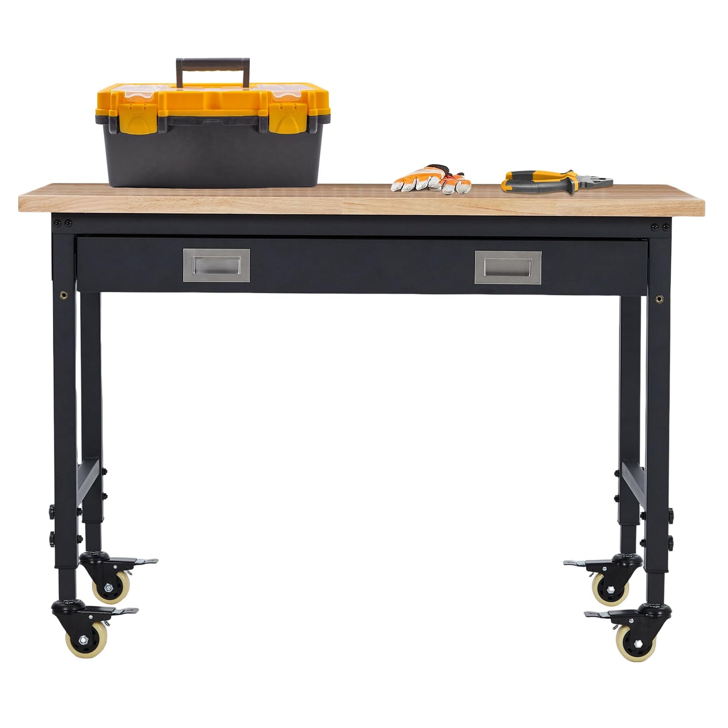 ACONEE 48" Adjustable Workbench, Heavy Duty Workstation 2000 LB Load Capacity, Rubber Wood Top Workstation with Drawer & 4 Rolling Casters, Power Outlets, Metal Frame, Workbench for Workshop Garage