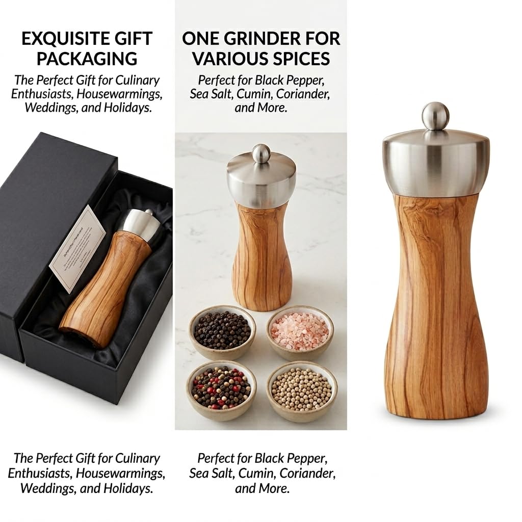 Tephra & Form 6" Olive Wood Pepper Grinder Mill, Adjustable Ceramic Core, Refillable Salt Pepper Shaker Kitchen Gift