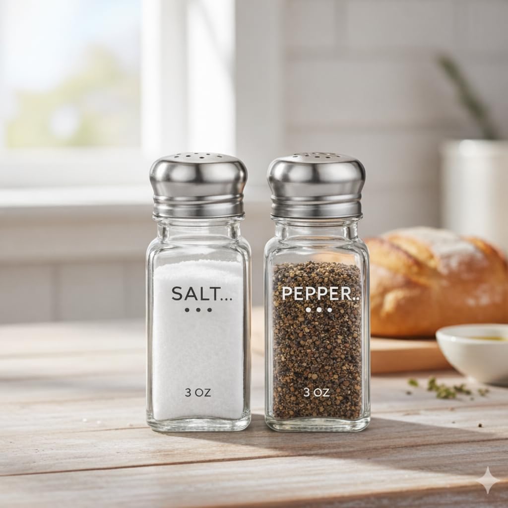 HESSION Salt Shaker and Pepper Shaker Set of 4, Refillable Glass Spice Shakers with Holes and Lids, Stainless Steel Spice Dispenser, Modern Kitchen Decor Seasoning Containers for Dining Table (3oz)