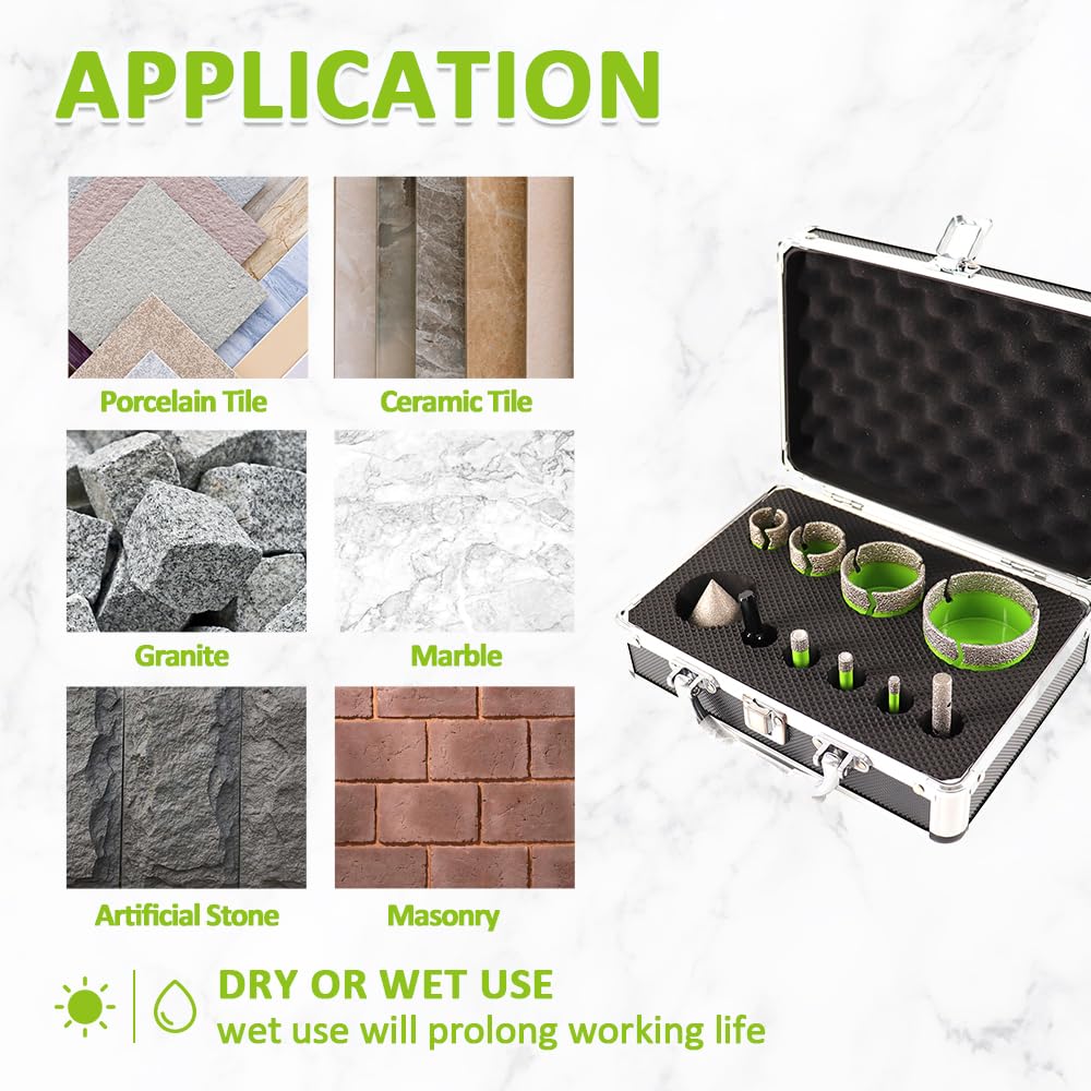 22pcs FACHLICH Tile Hole Saw Kit Diamond Core Drill Bits Set 1/4" 5/16" 4/5" 1" 1-3/8" 2" 3" 4" with 4/5" Finger Bit 2" Beveling Chamfer Bit for Porcelain Ceramic Granite Marble