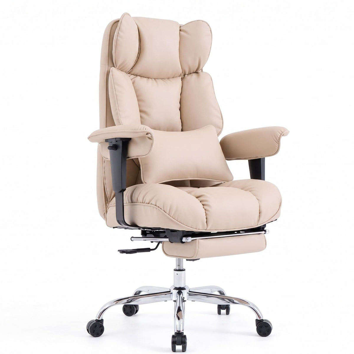 Efomao Big and Tall Office Chair 400lbs - Heavy Duty Reclining Desk Chair with Footrest, Spacious High Back PU Leather Executive Chair, Double-Layer Spring Support, Dark Beige
