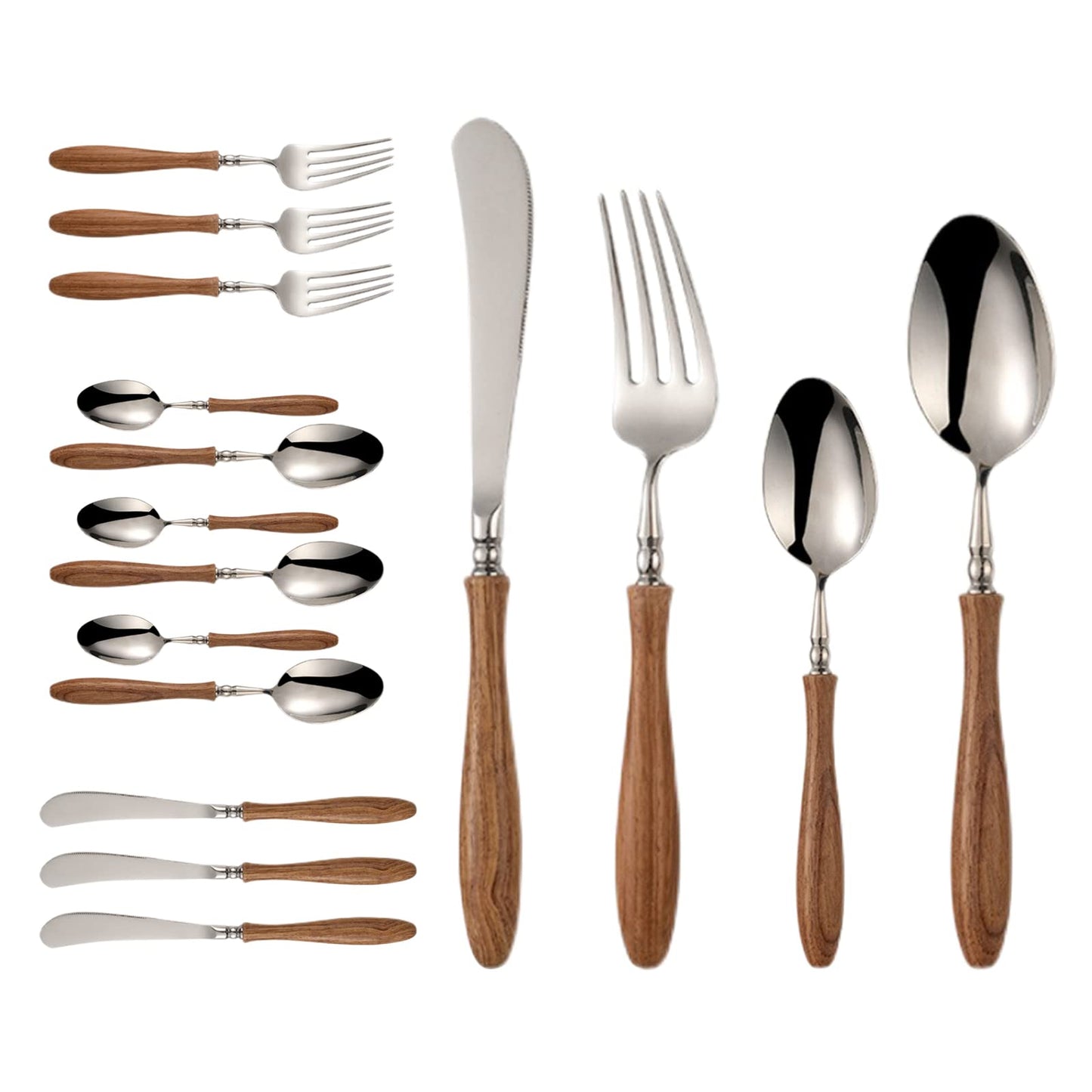 Uniturcky 16 PCS Stainless Steel Flatware Set with Wood Handle, Family Cutlery Set for 4, Dinnerware Set with Spoon Fork Knife, PearWood Handle Silverware Utensils, Mirror Polished