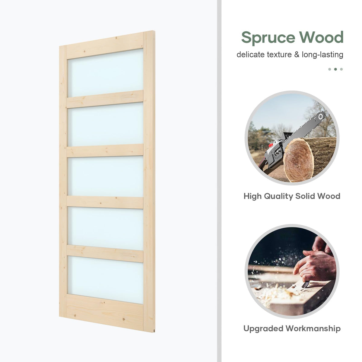 ROYMELO 38x84 inch Glass Sliding Barn Door Slab with 6.6ft Hardware Kit Included, 5-Panel Frosted Glass, Spruce Wood Support DIY Dyeing, Easy Assembly