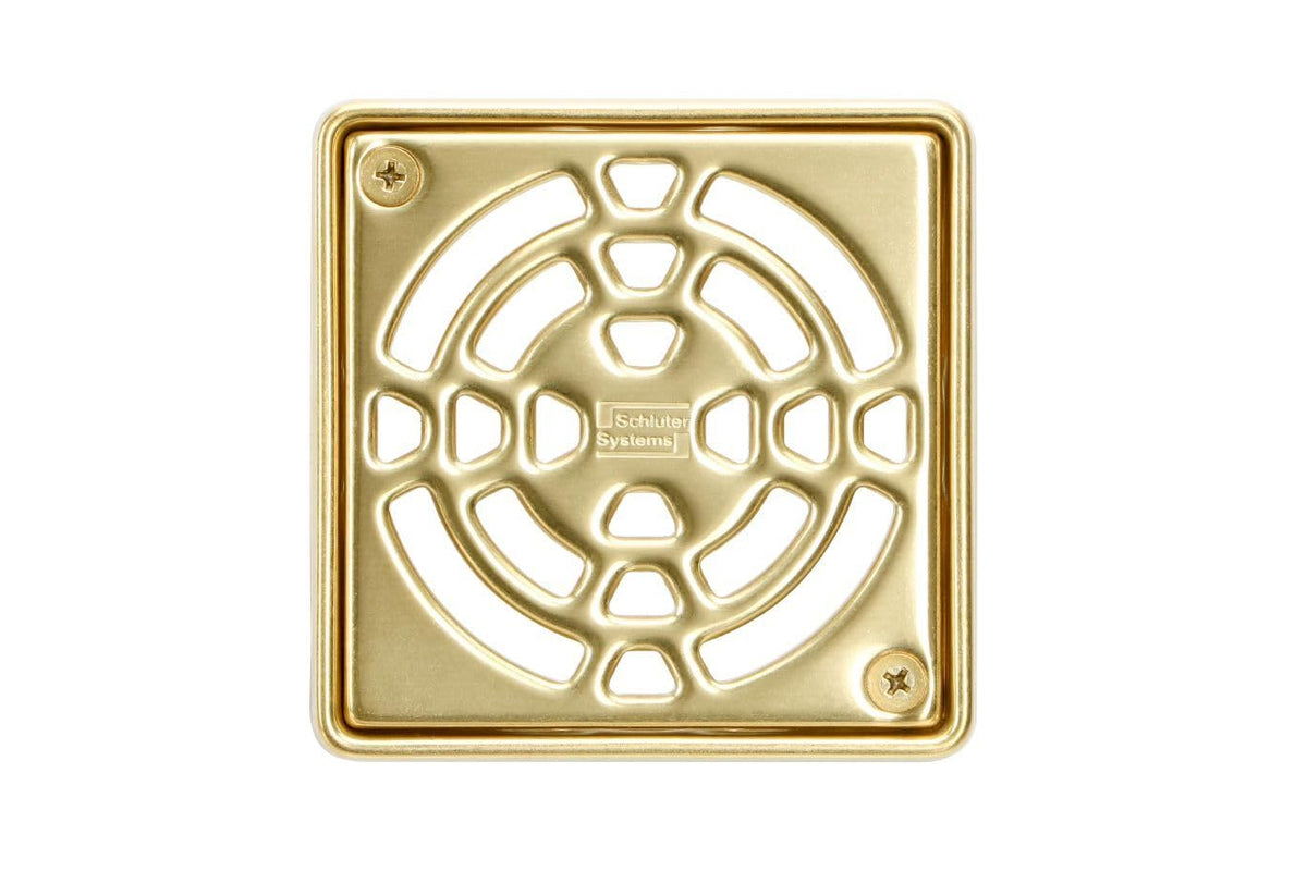 Schluter Kerdi-Drain Classic Shower Grate Kit with Integrated Slope Bonding Flange - Ideal for Tile Showers - 4" Grate Size, Square, Classic Gold Finish - KD4GRKECG