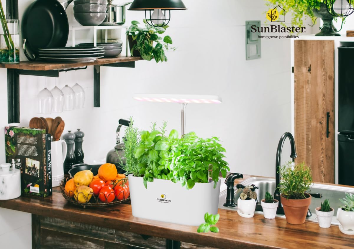 SunBlaster Nano Growlight Garden, Indoor Herb Garden and Countertop Planter with Passive Hydroponic System, Dimmable LED Light, Timer, and Gaia Green All Purpose Fertilizer (LED)