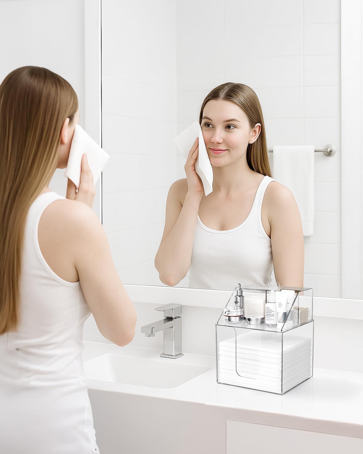 TAINESS Disposable Facial Towels Storage Box Compatible with Clean Skin Club Clean Towel XL-Cotton Pads-Swabs Upgraded Double Layer Face Towel Holder Acrylic Storage Container Valentine's Day Gifts