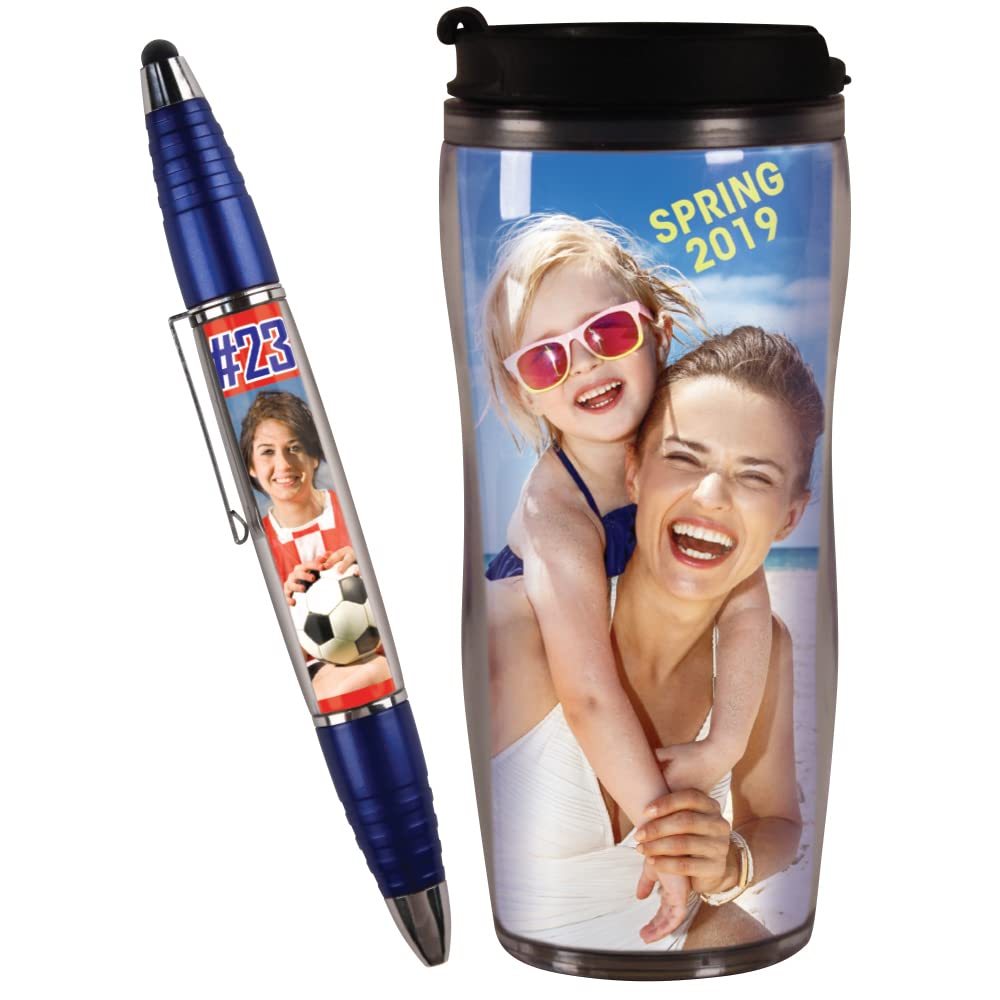 Mug + Blue PixStylus = DIY Gift Combo - Create Your Own Custom Photo Travel Mug and Stylus – Insert Your Own Photos or Create and Print Inserts Online