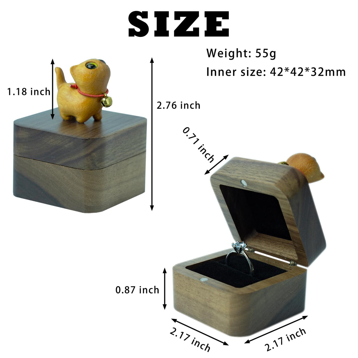 Tentogala Hand-Carved Cat Wooden Ring Box - Magnetic Closure Wedding & Engagement Jewelry Gift Box (Yellow Cat)