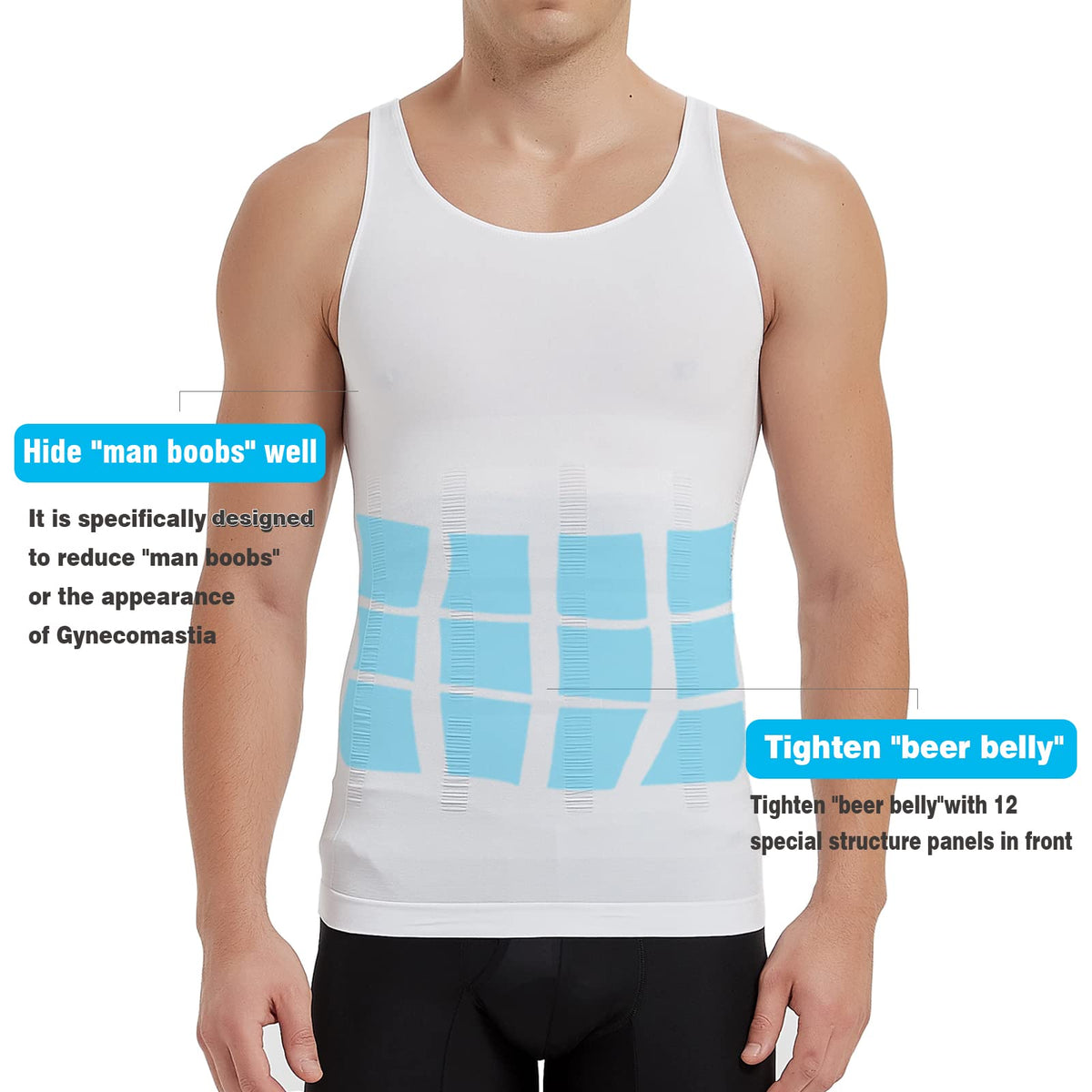 KOCLES Mens Athletic Compression Shirt Slimming Body Shaper Tank Top Abs Abdomen Slim Vest Undershirt (White, Large)