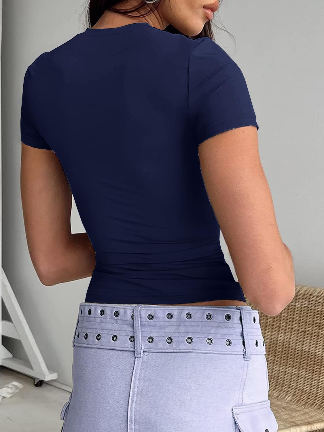 Abardsion Women's Casual Basic Going Out Crop Tops Slim Fit Short Sleeve Crew Neck Tight T Shirts 2025 (Navy Blue, L)