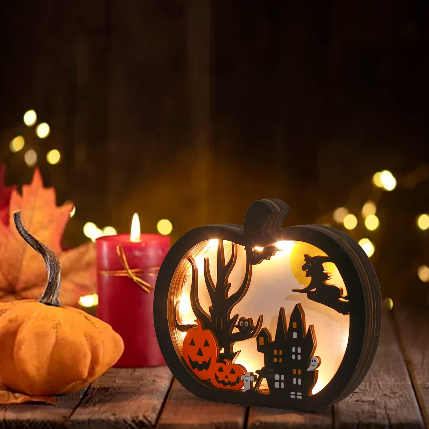 FOIMAS Halloween Wooden Table Sign,Light Up Pumpkin Table Centerpiece Topper for Halloween Table Top Party Decoration Supply(UPGRATED)