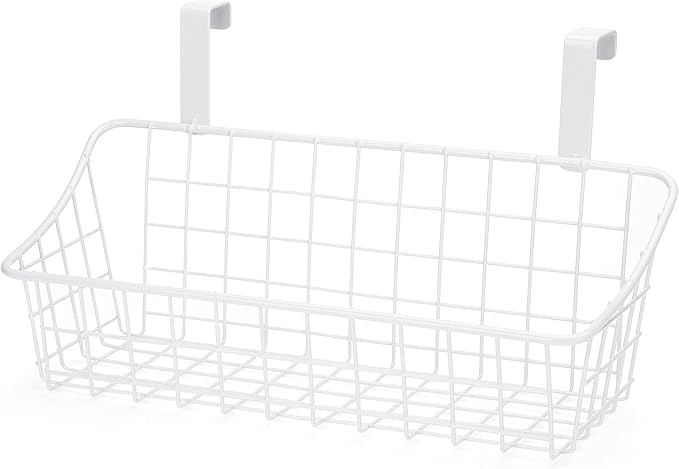LeleCAT White Basket with hook Grid Storage Basket, Hang it behind a door or on