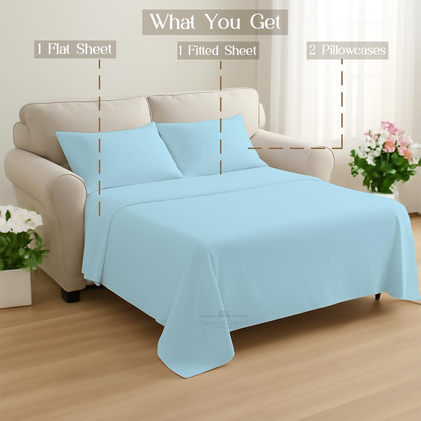 Sleeper Sofa Bed Sheet, 100% Cotton 400 Thread Count, 4 Piece Set, Deep Pocket Fitted Sheet, Soft Wrinkle Free & Breathable, Luxury Hotel Quality, Fits Up to 6 Inch Mattress (Full, Light Blue)
