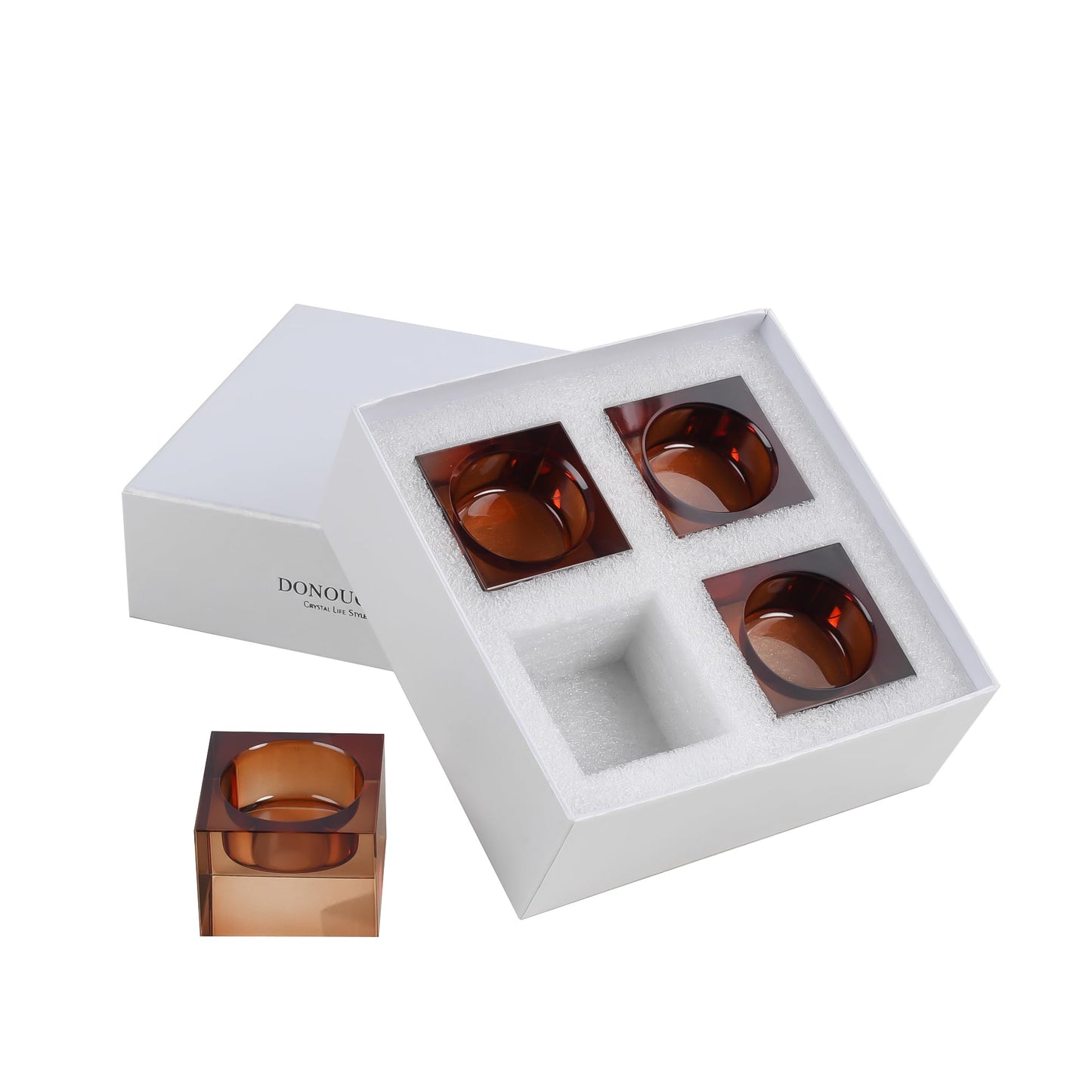 DONOUCLS Home Crystal Tealight Candle Holders Pack of 4, 1.5 Inches Height, Heavy Solid Square Hand Cut Tealight Holders Sets, Centerpiece for Home Decor(Brown)