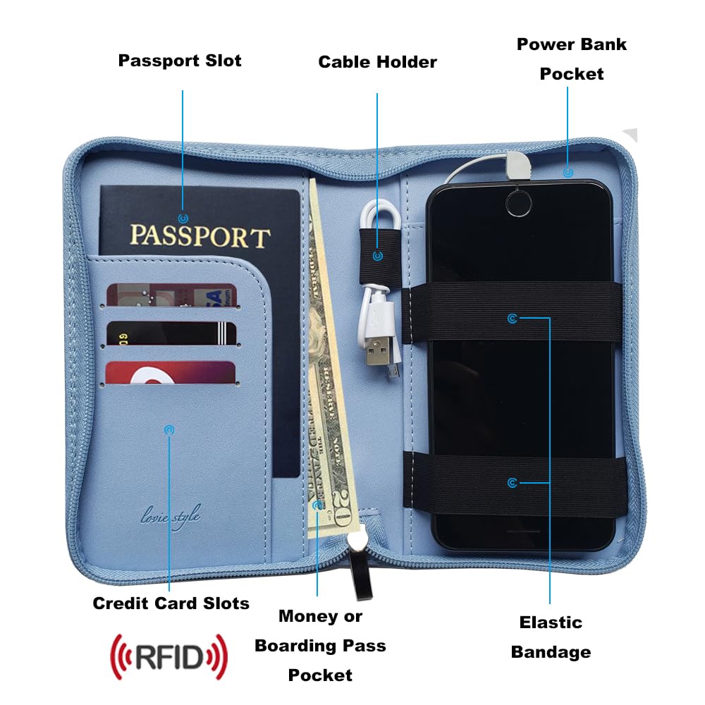 Phone Charging Passport Holder with Removable Fast Charging Power Bank that holds money, cards, phone, travel docs- RFID Blocking - Compatible with All Phones - Travel Accessories (Sky Blue)