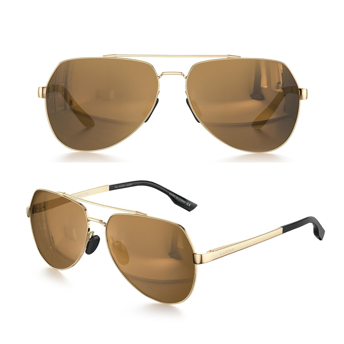 LUENX Men Women Aviator Sunglasses Polarized Shades Flexible Spring Hinge - Brown Lens Gold Metal Frame Large 60mm