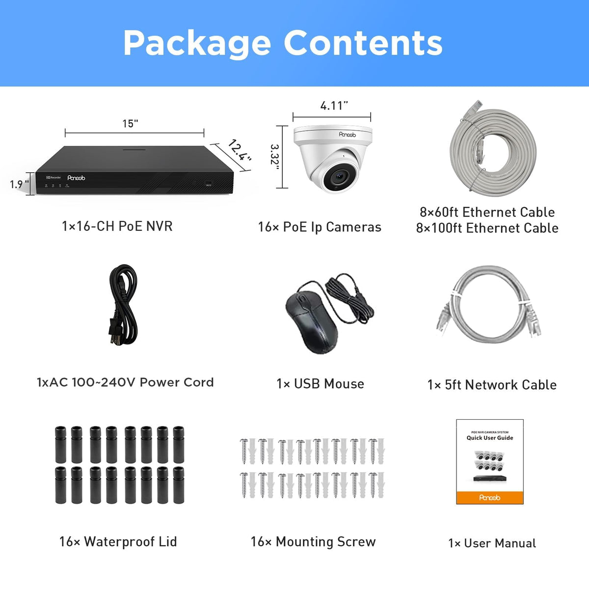 16 Channel Security Camera System 4K PoE, 16x 8MP Wired IP Black Turret Dome Camera with AI Human Vehicle Detection, Built-in Mic, Remote Access 24-7 Recording, 4K 16CH NVR 4TB HDD, PD93A31616-8M