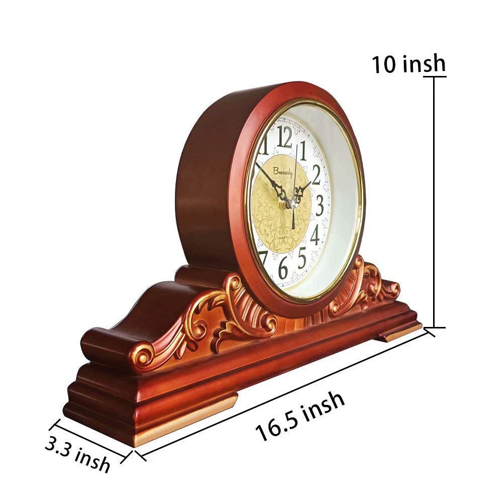 Beesealy Mantel Clock, Antique Desk Clock, Modern Quartz Movement-Continuous Scanning (Ultra-Quiet), Suitable for Mantel/Desktop, Living Room Decoration (Brown)