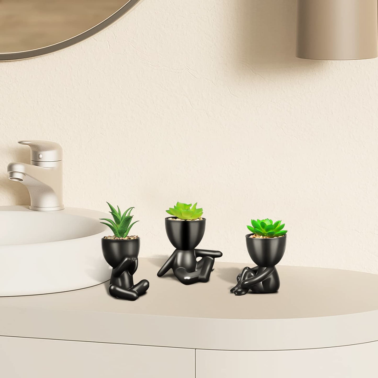 SEMSOIIO Pack of 4 Cute Artificial Succulent Plants in Human Shaped Pots, Funny Desk Decor for Office Women Men, Aesthetic Room Decor, Small Fake Plants for Shelf Bathroom Home Office Gifts (Black)