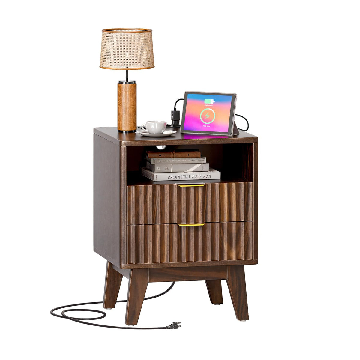 Fluted Nightstand with Charging Station, Modern Bedside Table with 2 Drawers, End Table with Open Storage for Bedroom, Living Room, Walnut