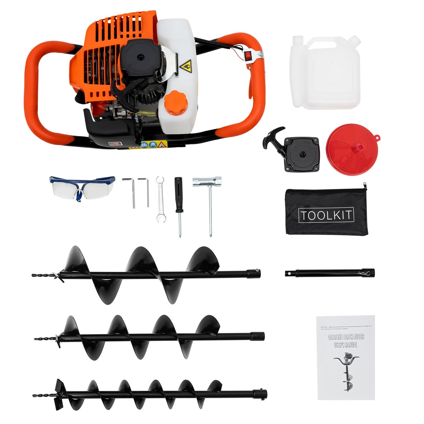52Cc Auger Post Hole Digger,2-Stroke Petrol Gas Powered Earth Digger Earth Auger with 3 Digging Machine Drill Bits 4" 6" 8" and 3 Extension Rods for Tree Planting Holes,Fence Stakes,Greenhouse Stakes
