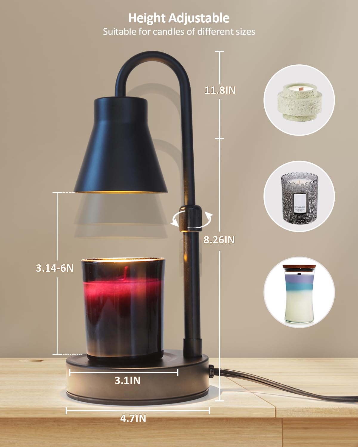 Elenhome Candle Warmer Lamp with Adjustable Height, Stepless Dimming Function-Home Decor Lamp, Metal Candle Lamp for Jar Candles, No Flame Scented Candle Warmer with 2 Bulbs (Black)