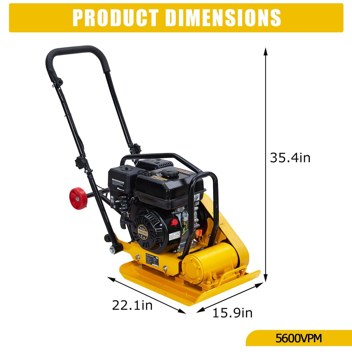 7HP Plate Compactor, 4200Lbs Force 5600VPM Powered Rammer w/ 212cc Engine, 22.1x15.9" Plate for Soil Gravel Asphalt Compaction, Professional Ground Compactors