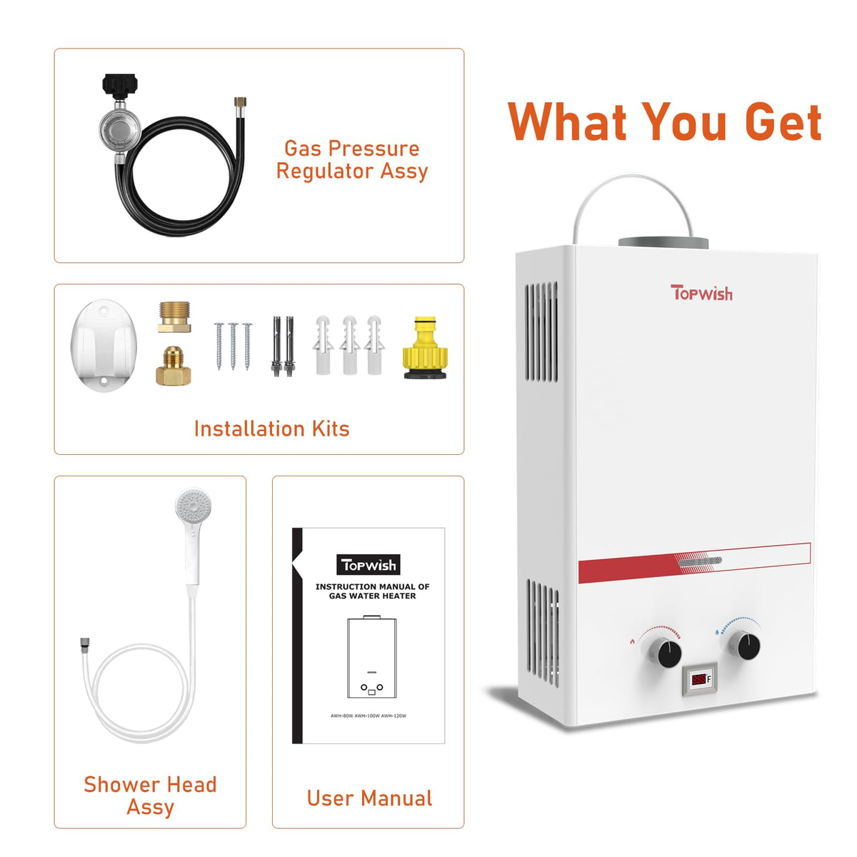 TOPWISH Portable Propane Water Heater Tankless, 8L 2.11GPM Instant Gas Hot Water Heater 54,500 BTU with Digital Display Handle Overheating Protection for Outdoor Camping RV Cabin Shower