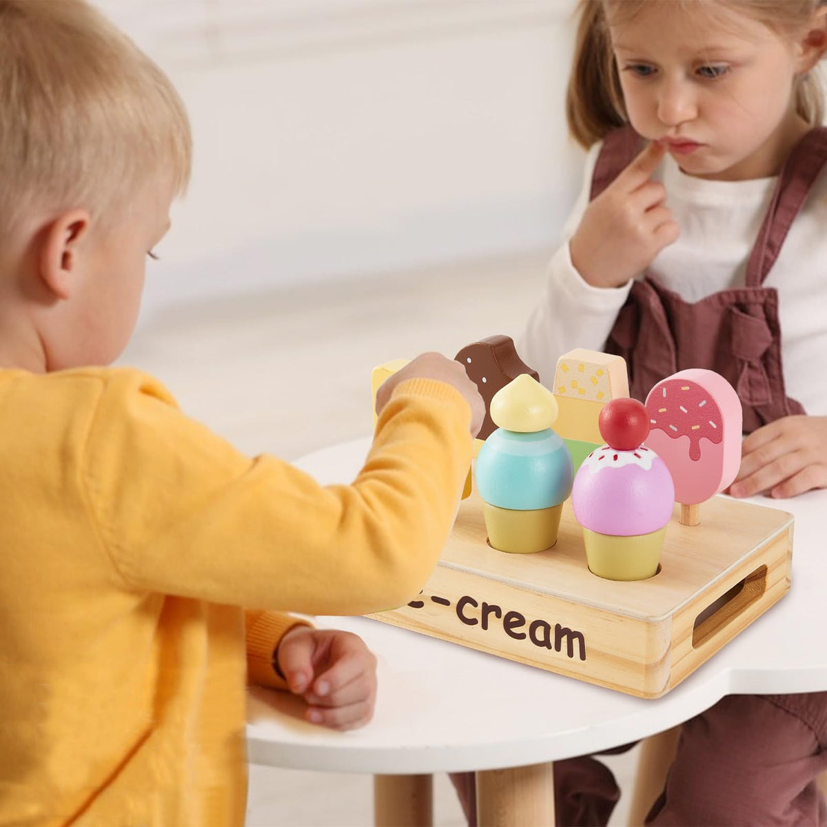 HERSITY Wooden Ice Cream Stand for Kids, Ice Cream Popsicle Toy Pretend Play Food Kitchen Accessories Playset Lolly Shop Games for Toddlers Girls Boys 3 4 5 Years Old