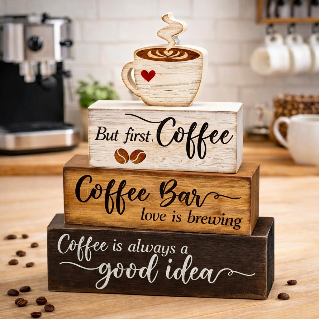 4 Pcs Wooden Coffee Bar Decorations Rustic Coffee Bar Signs for Tiered Tray Farmhouse Coffee Station Table Centerpiece Wood Bar Sign Gift Set Farmhouse Decor for Home Kitchen Tabletop