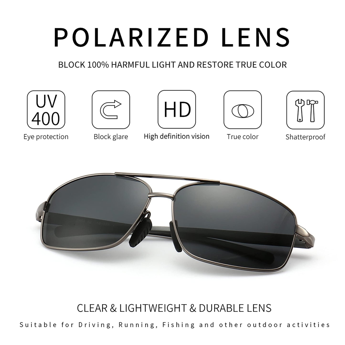 SUNGAIT Ultra Lightweight Rectangular Polarized Sunglasses Men UV400 Protection (Gunmetal Frame Gray Lens, 62) Metal Frame SGT458 QKH-CA