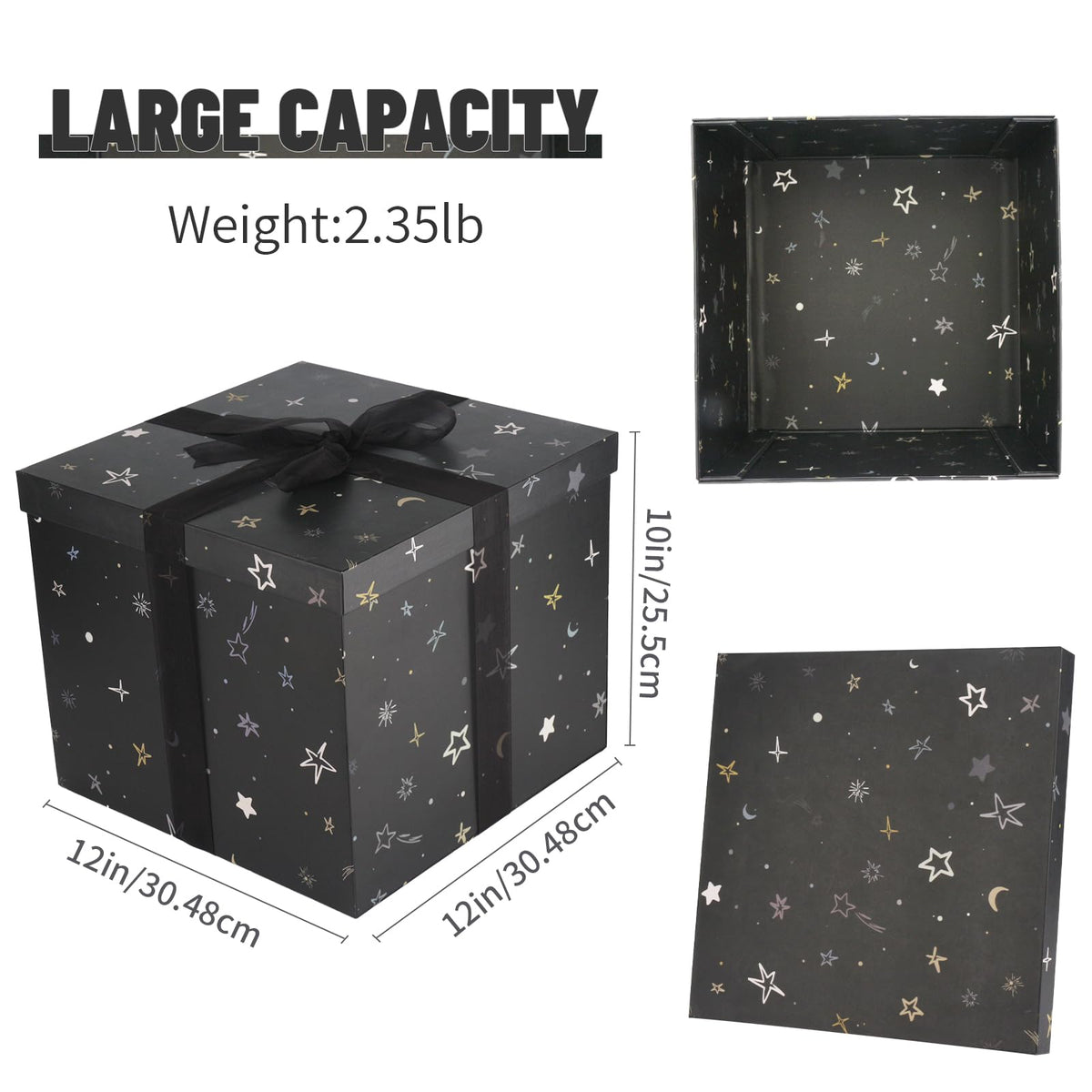 YINUOYOUJIA Large Gift Box 12x12x10Inches,Gift Boxes with Lids for Presents,Present Box,Birthday Box,Gift Packaging for Valentine's Day,Mother's Day,Christmas,Anniversaries.(Black Stars)