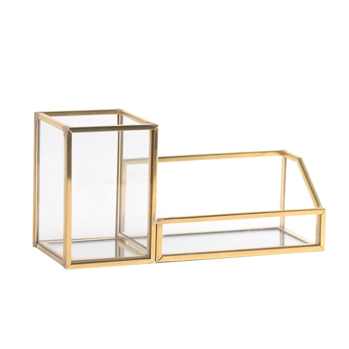 Feyarl Gold Glass Business Card Holder Pen Pencil Holder Desktop Business Name Card Office Accessory Display Stand Organizer Case for Office Desktop Meeting Countertop