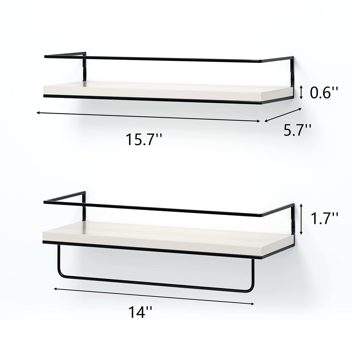 Shario White Floating Shelves - Set of 2, Wall Mounted Hanging Shelves with Black Towel Rack, Decorative Storage Shelves for Bathroom, Kitchen, Living Room & Bedroom (Modern White, 15.7 Inches)