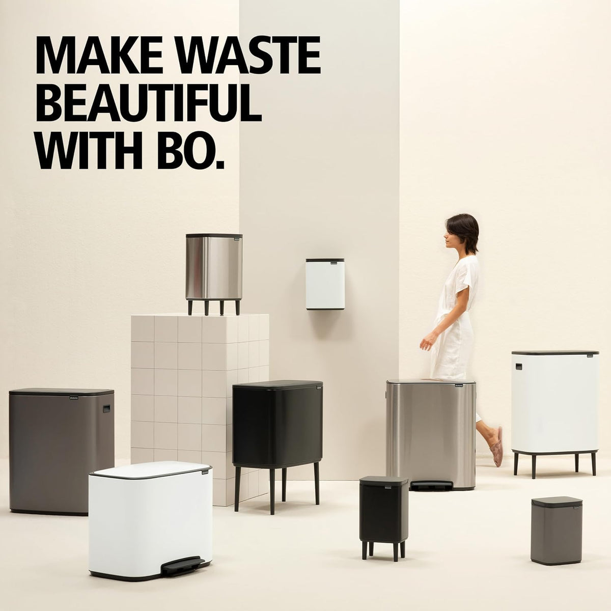 Brabantia Bo Touch Top 8 Gallon Square Trash Can | Matt Steel Fingerprint Proof | Soft-Touch Kitchen Trash Can, Removable Inner Bucket, Non-Slip Base | Sample Trash Bags Included