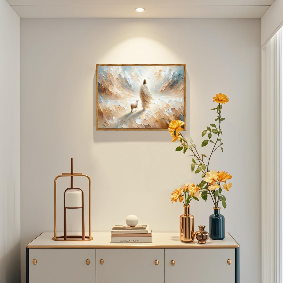 Framed Jesus leaves the 99 Sheep Canvas Wall Art, Christian Jesus and Lamb Wall Decor Paintings, Bible Good Shepherd Poster Prints Religious Home Decor for Living Prayer Room Church 12x16 inch